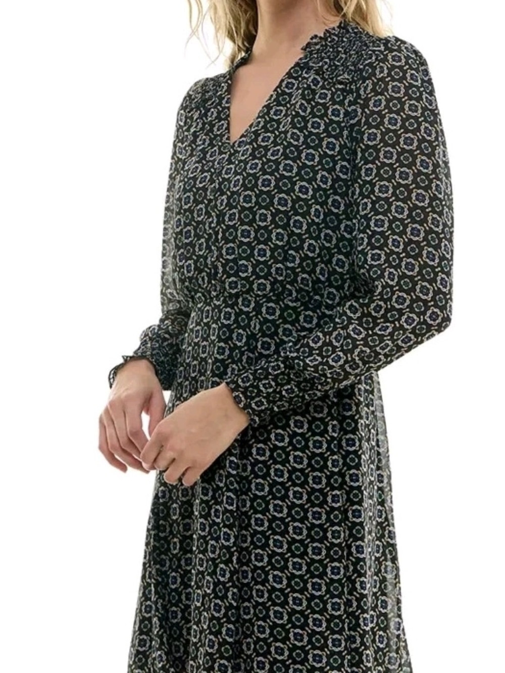 BCX Printed Smocked-Shoulder Mini Dress Boho Geo Floral Black Multi Flowy -M